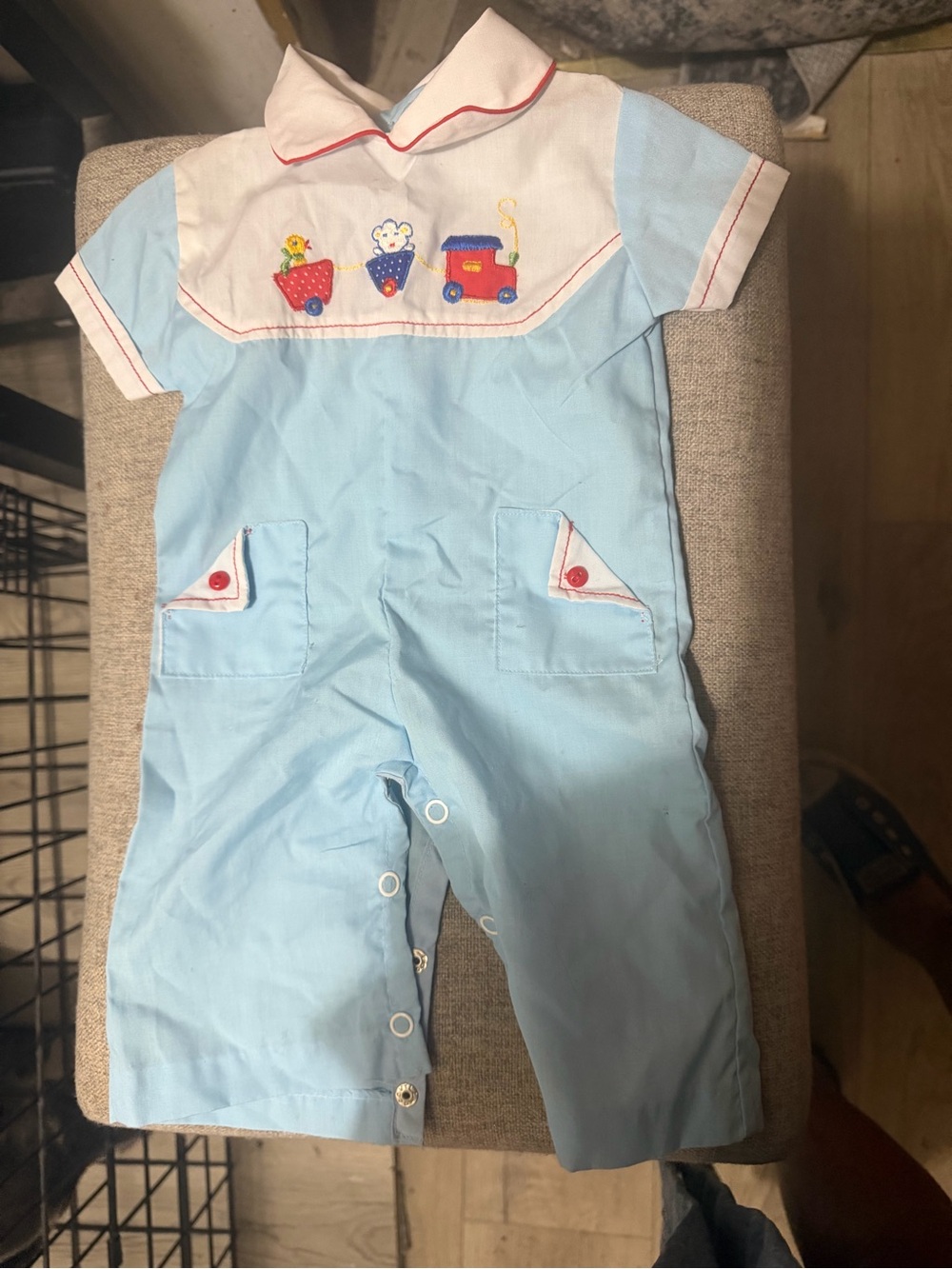 Baby Light Blue Embroidered Train Romper